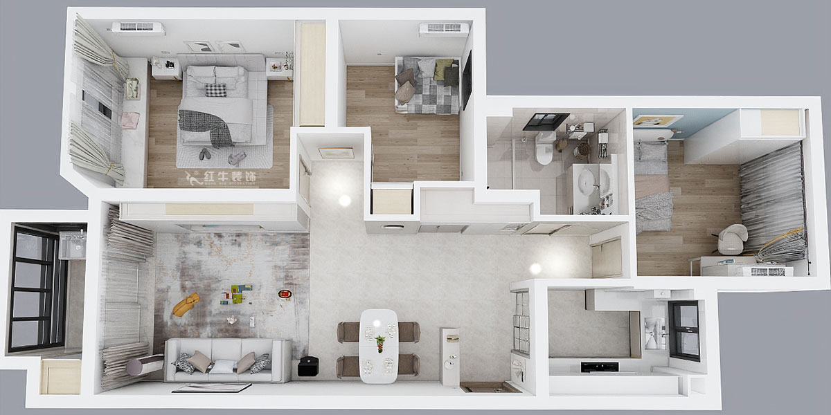 魏利利｜枫情水岸23-506-110㎡-现代简约风格｜3室2厅1卫｜二手房改造｜定制家｜全包14万｜00_05鸟瞰图